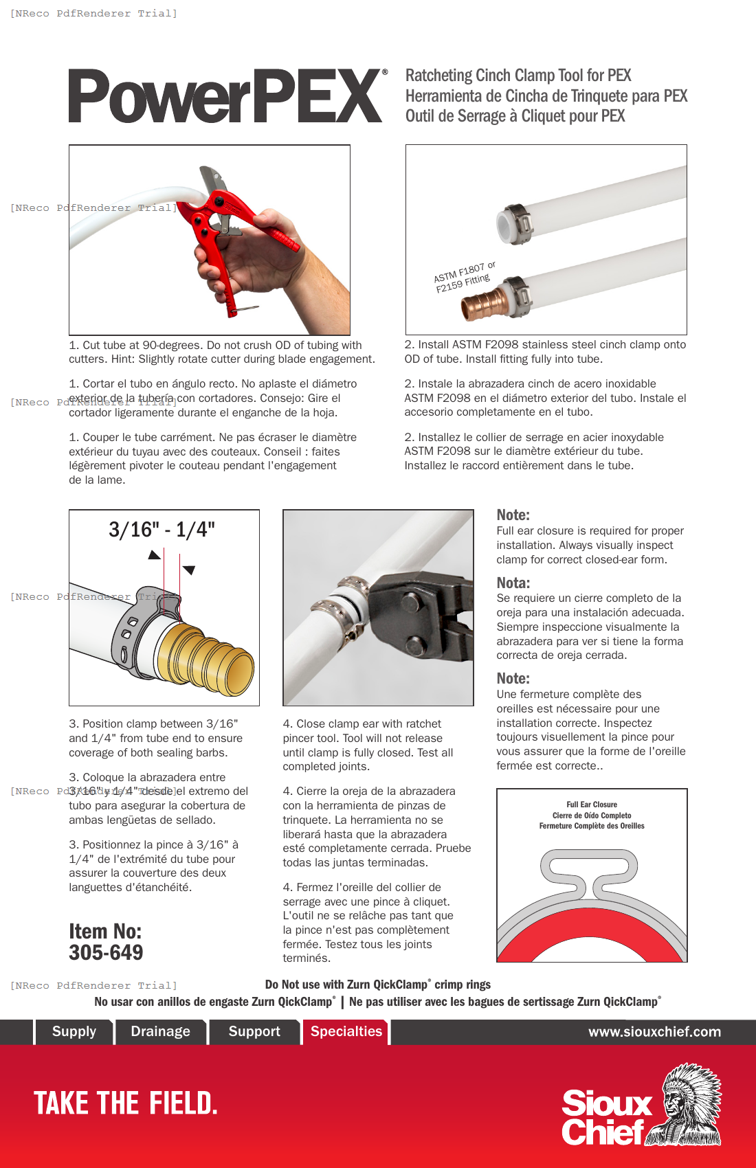 305-649 - RATCHETING CINCH CLAMP TOOL FOR PEX - INSTRUCTION SHEET.PDF Technical Document